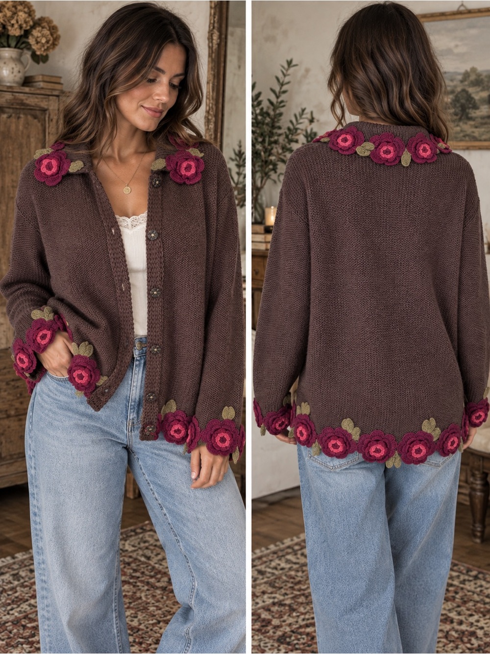 So Forth Floral Crochet Rose Applique Knit Cardigan Sweater Brown Small